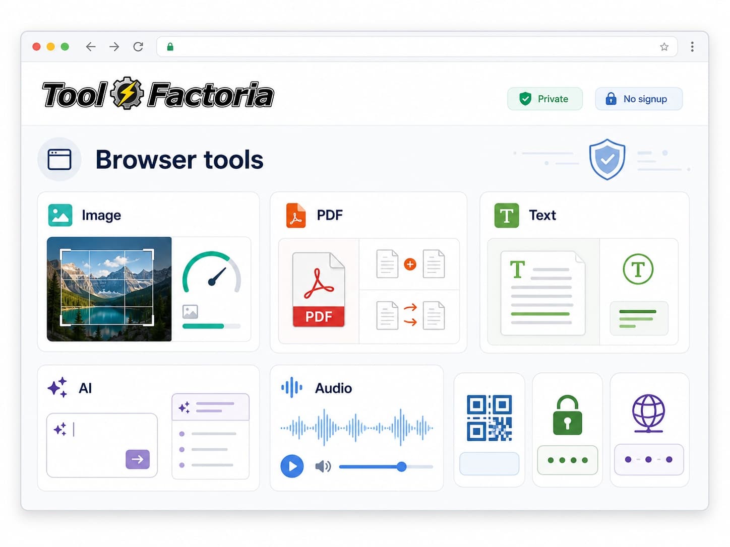 Tool Factoriaで画像、テキスト、AI画像、音声、QRコード、パスワード、IP確認などのブラウザツールを使えることを示した図解